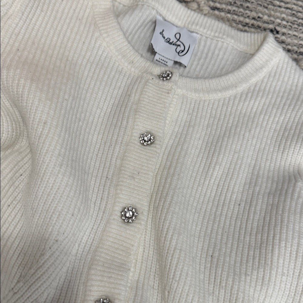 Sam Edelman Cream Rhinestone Button Ribbed Knit Cardigan Size L | - Picture 4 of 4